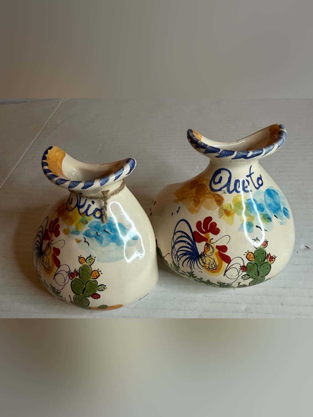 Oil And Vinegar Set Aceto Olio Hand painted Pottery Set Roster Signed CB